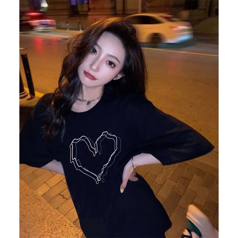 XIAOZHAINV Kaos Atasan Wanita Heart Pattern Lengan Pendek 0076