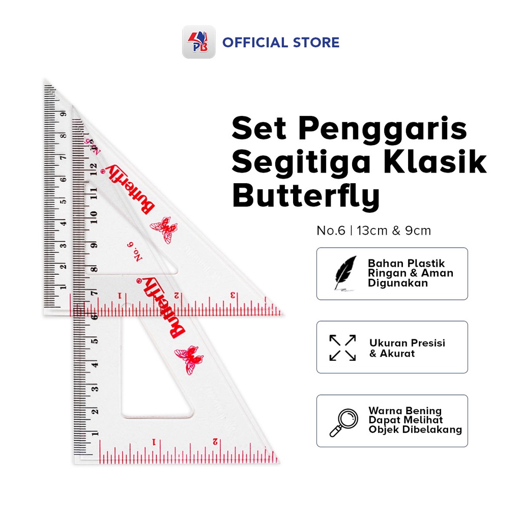 

Penggaris Segitiga Klasik Merk Butterfly No 6 Siku dan Sama Sisi Bening Transparan / PB EDUKASI ANAK - PBNB