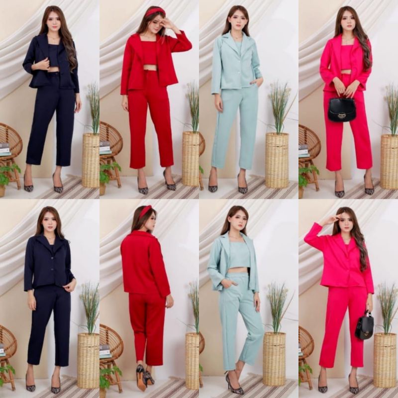 SET BLAZER SCUBA 3IN1 / KYOMI / SETELAN BLAZER + CELANA + INNER / SET BAJU KERJA WANITA/ STELAN JASS WANITA KOREAN STYLE/ Blazer import / Set jalan jalan