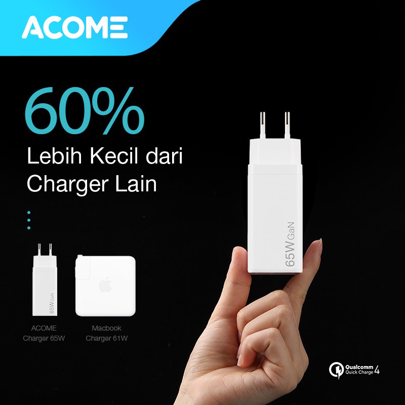 ACOME Charger GaN 65W Fast Charging QC3.0 PD VOOC 3 Ports Support Laptop/iPad Garansi Resmi 1 Tahun