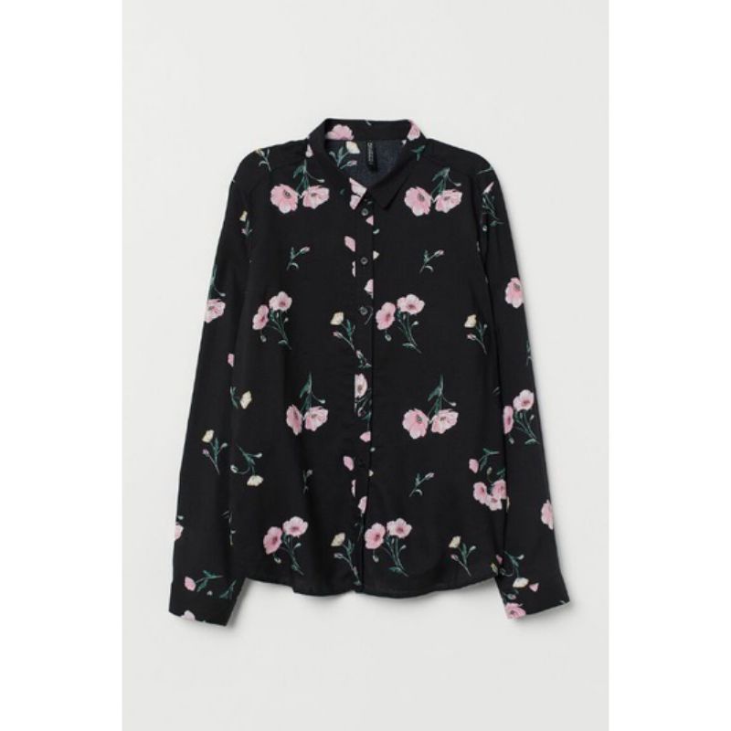 kemeja wanita h&m viscose black motif pink floral shirt original