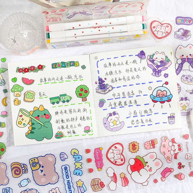 

1 lembar Stiker animal bear dinosaurus rabbit binatang lucu PET anti air waterproof deco hias botol tumbler hp gelas scrapbook handbook planner diary