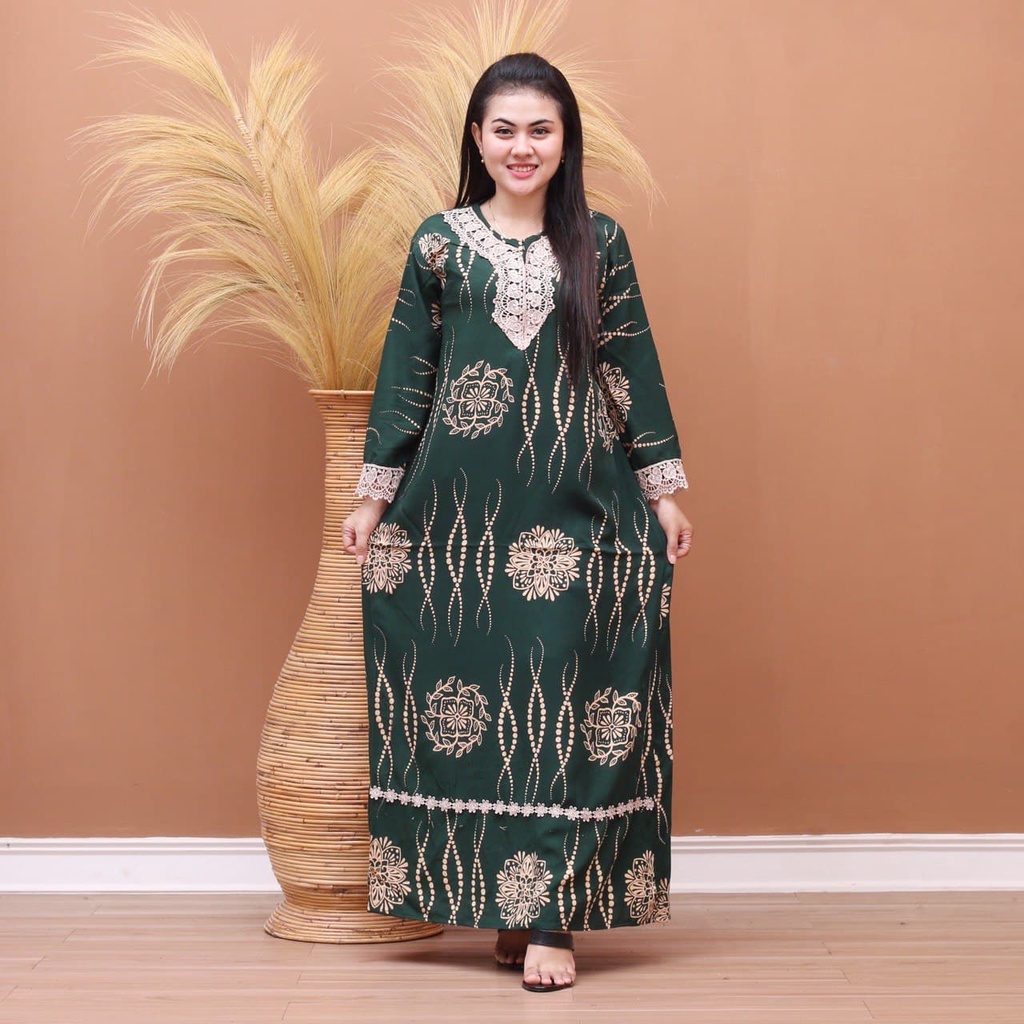 Batik Prass - Daster Arab Elmeera / Longgdress Renda / Rayon Grade A Lengan Panjang-AZAHRA HIJAU
