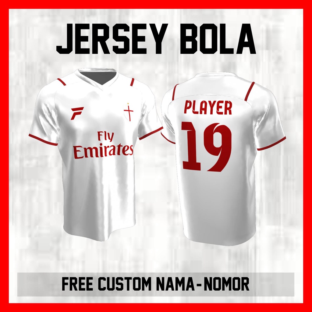 Kaos Bola Jersey AC Milan Klub Putih Garis Bahu Baju Custom Nama dan Nomor Punggung - 40