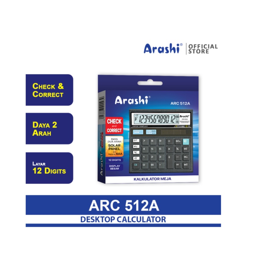 Arashi Desktop Calculator - Kalkulator Meja Dagang 12 Digit Check And Correct ARC 512A / ARC 512 A / ARC 512B - 512 B