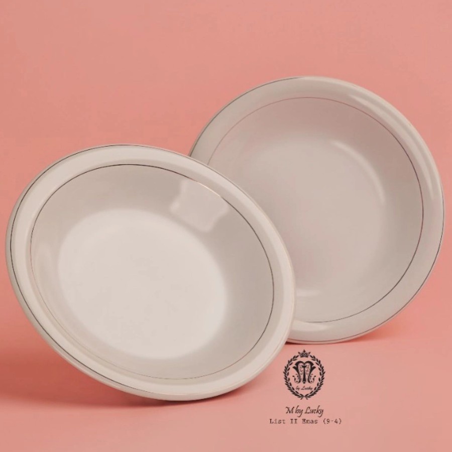 Set Piring Makan - Piring Keramik Omega Bulan Grosir Lis Mas Putih Lucky Persimon 9,25 inch/23cm