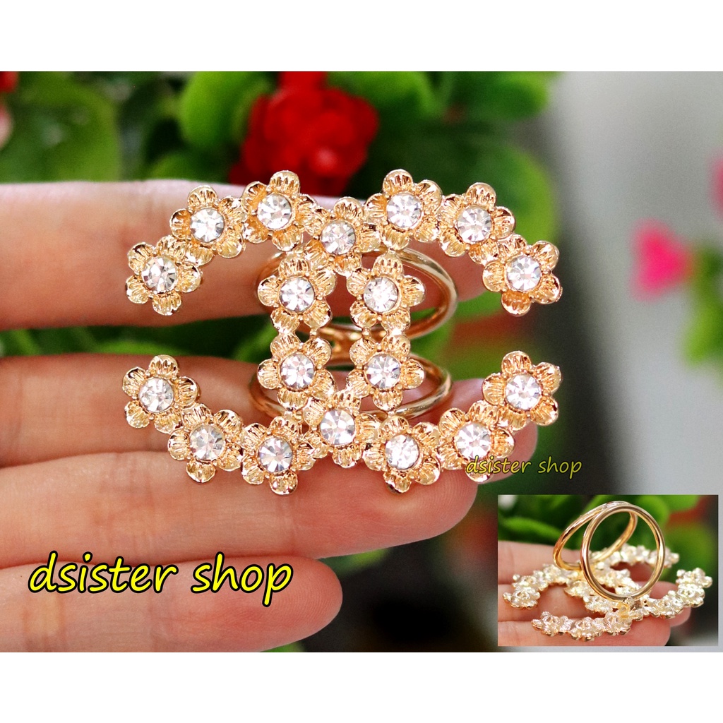 Bros Cincin Part 1 Ring Hiasan Aksesoris Syal Hijab HURUF Permata Hitam Putih-Ring Emas C PB Bunga