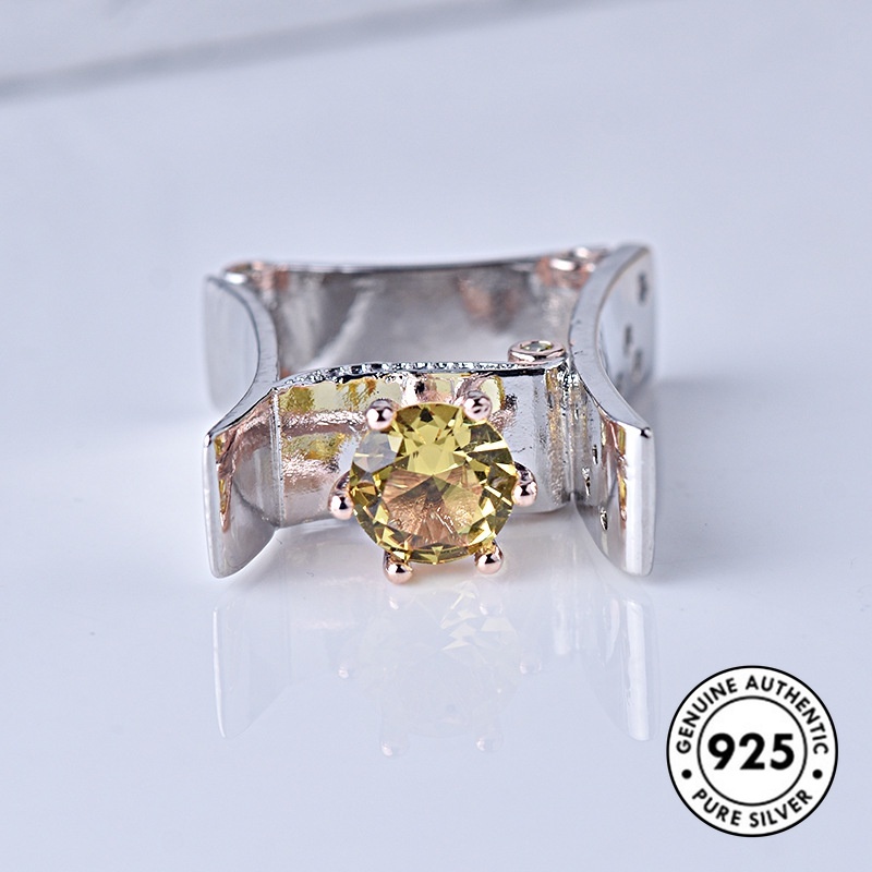 Cincin S925 Silver Bentuk Kotak Aksen Berlian Warna Kuning