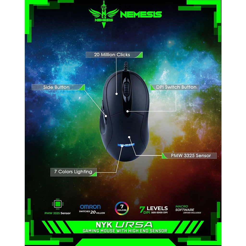 NYK URSA Mouse GAMING Wired Led RGB 7 Level DPI 500 - 5000|PMW 3325