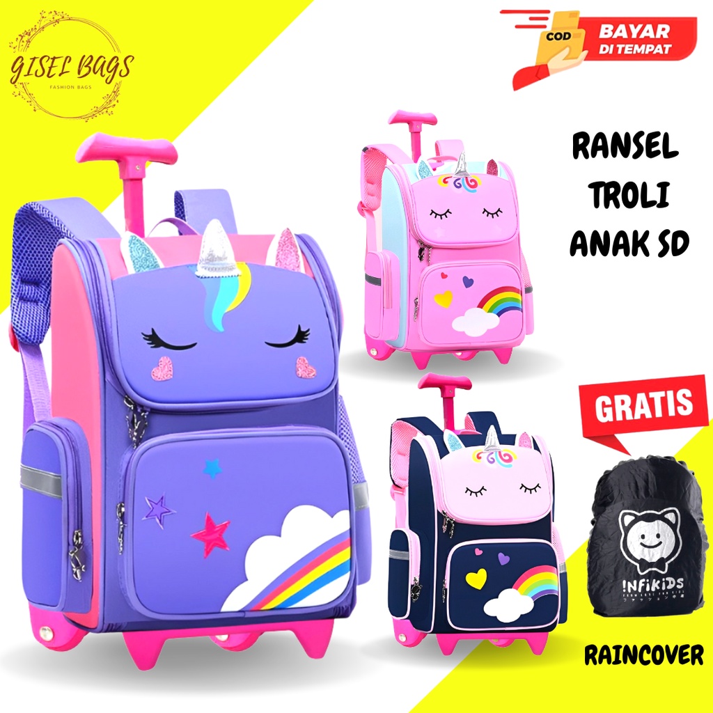 GB Tas ransel troli anak perempuan gambar unik dan lucu gratis jas hujan tas tas anak import