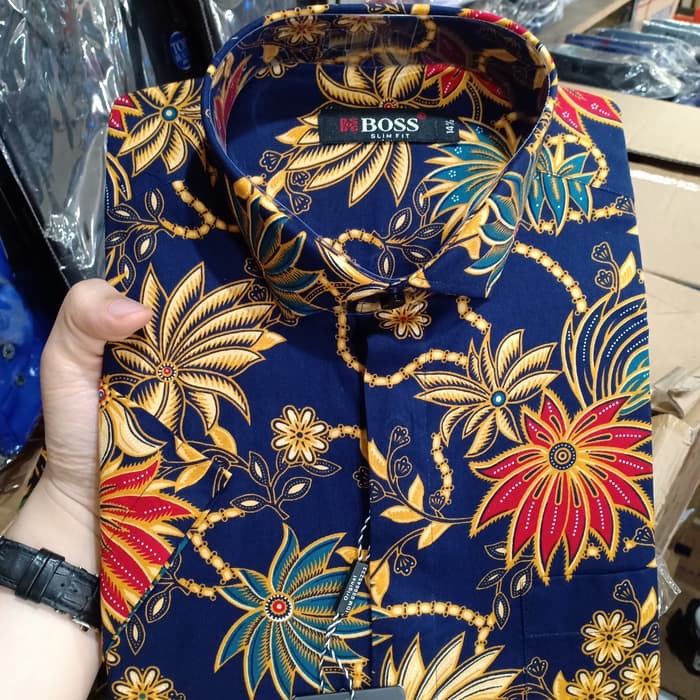 kemeja Batik Boss Slim fit Pendek Motif Bunga Ulat