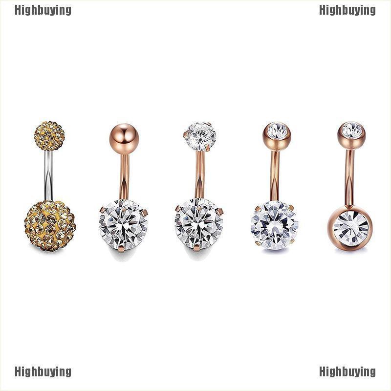 Hbid Glory 5PCS / Set Cincin Tindik Pusar Bahan Stainless Steel Hias Kristal Untuk Wanita