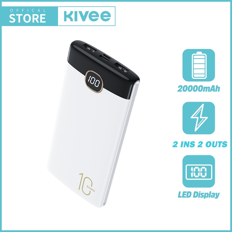 KIVEE powerbank mini murah 10000 mAh Type C ultra-thin model tipis power bank fast charging LED original dual usb xiaomi Iphone Garansi 1 tahun-KV-PT122P white