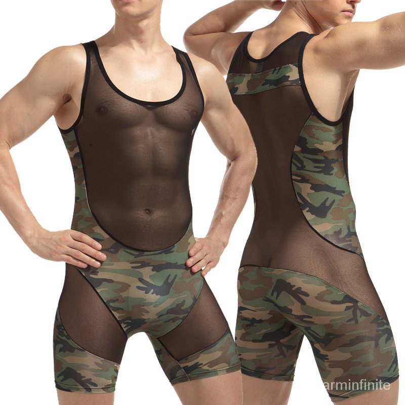 Bodysuit Siamese Underwear Panties Shapers Buttons Wrestling suit Breathable Mesh Mens Underwear Cam