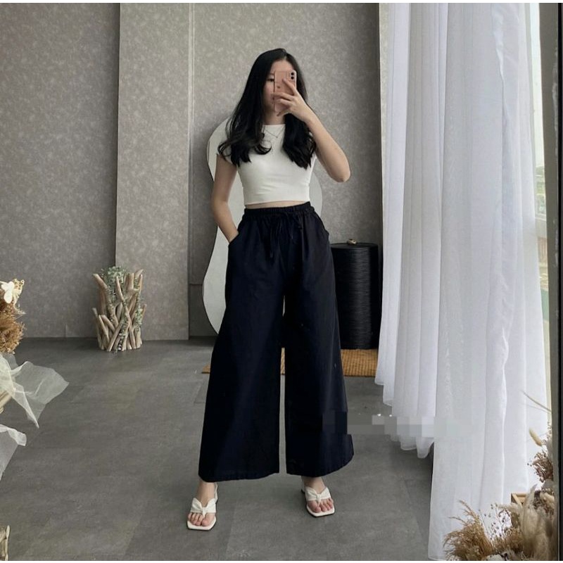 Celana Wanita Kekinian WIDI PANTS Kulot Jumbo Panjang Bahan Linen Rami Premium Import Fashion Bawahan Dewasa Ootd Pinggang Full Karet Serut Highwaist Cewek Remaja Model Ala Korea Gaya Modern Murah Dan Terbaru Hitam-Hitam
