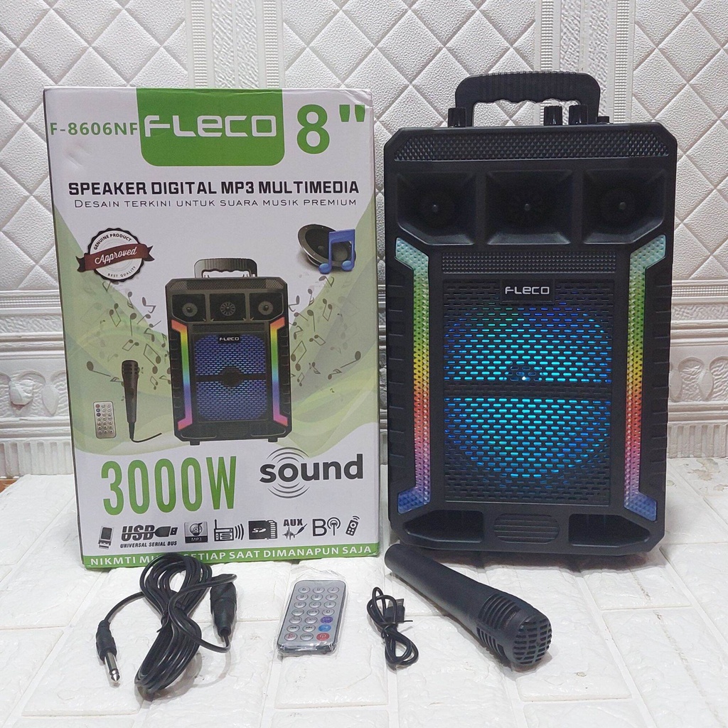 TERBARU Speaker Bluetooth FLECO F-8606NF uk 8 Inchi Free Mic + Remote/Speaker Karaoke /FM Radio/USB/Memory Card