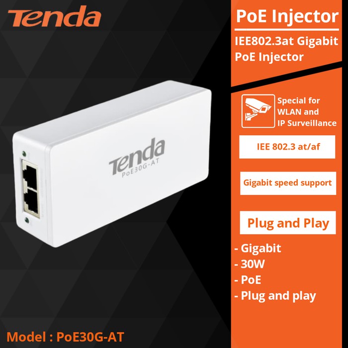 Tenda PoE30G-AT PoE Injector delivers up to 30W output power per port