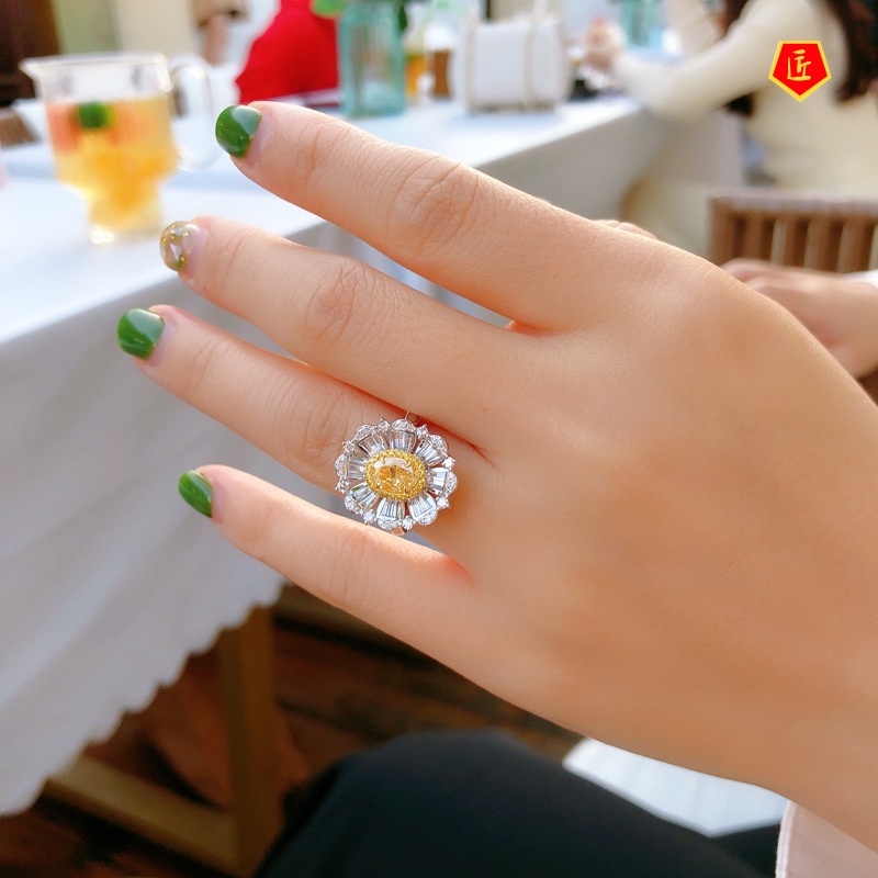 [Ready Stock]Fashion Personality Yellow Diamond Gorgeous Blooming Flower Ring