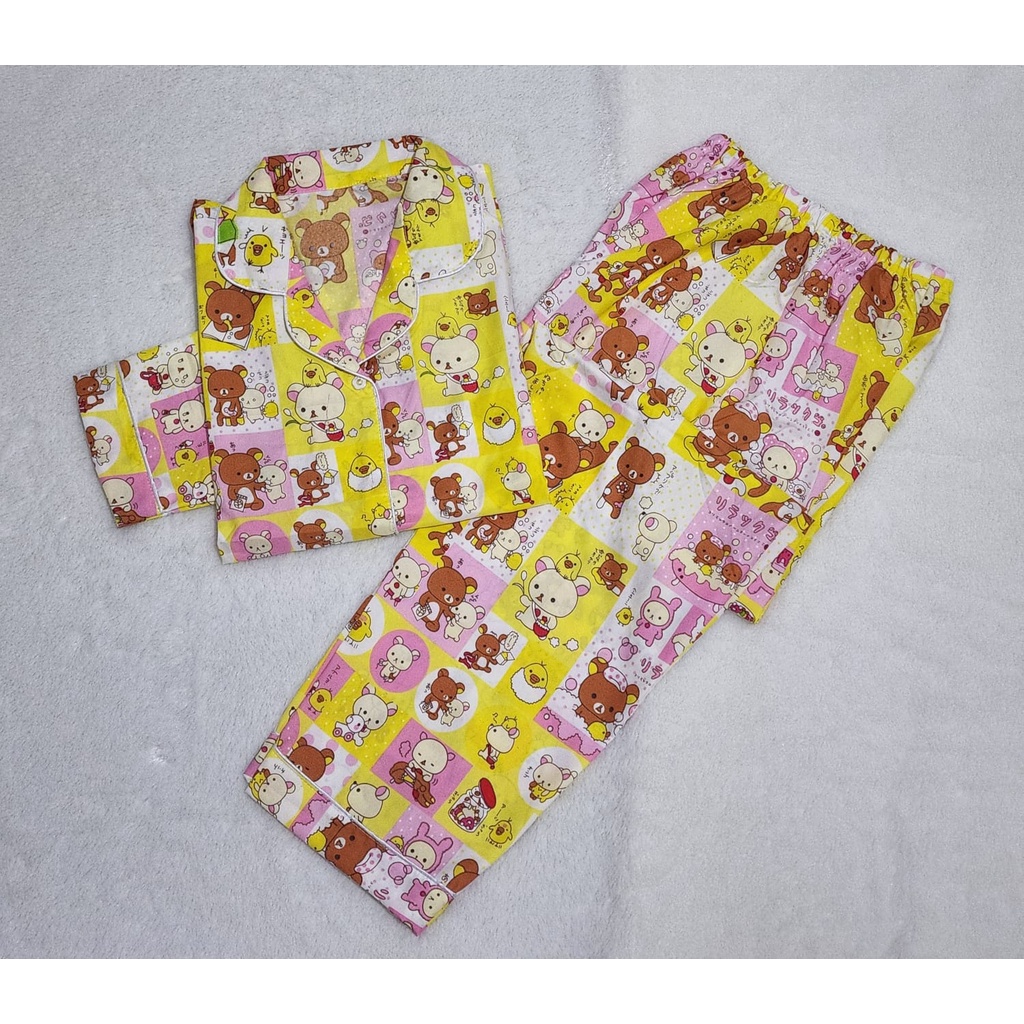 Baju Tidur Dewasa Gambar Lucu LD 104cm / Piyama Katun Lengan Pendek Celana Panjang CP-PP LAZY BEAR PINK L