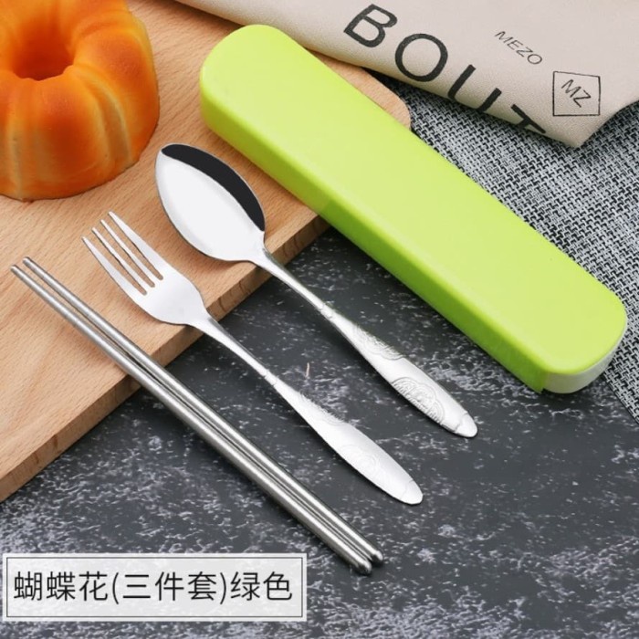 Sendok set Travel 3Pcs Stainless Steel Set Alat Makan Sendok Garpu Sumpit / Spoon Fork Chopsticks LUCU warna warni murah berkualitas