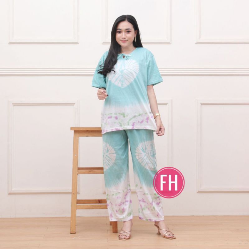 Setelan Piyama Kaos Perempuan Dewasa Motif Jumputan Tiedye One Set Wanita Kekinian Baju Tidur Termurah