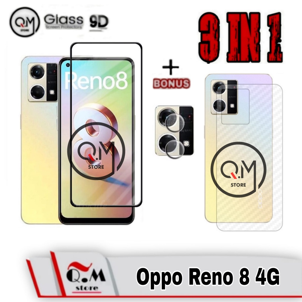 Paket 3 in1 Tempered Glass Layar Oppo Reno 8 4G Anti Gores  Screen Guard Free Camera &amp; Garskin
