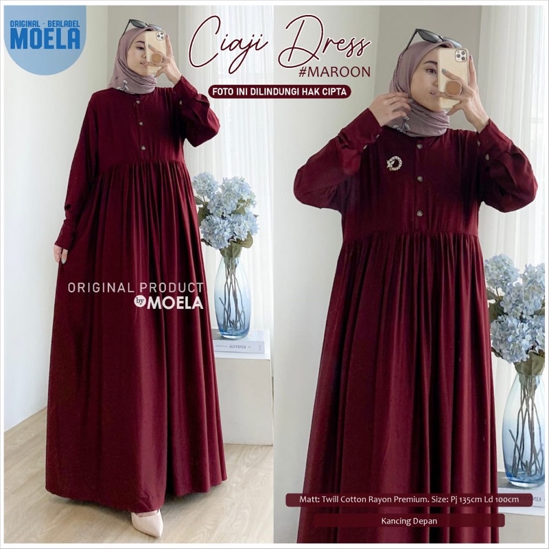 Gamis dress rayon polos Amora/Anse/Celin/Baisa/Biumi/Molin/Ciaji/Jihas/Flate/Tosti/Milly/Tisa/Siuti/Chesa/Fimel/Yapi/Lilci/Balo/Polse/Rensi/Silom/Neta/Rome by Moela berlabel-Ciaji maroon