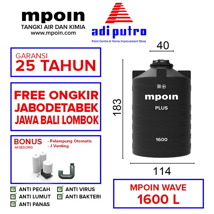 Tangki Air Mpoin Plus Wave 1600 L Anti Virus & Bakteri Garansi 25 Tahun