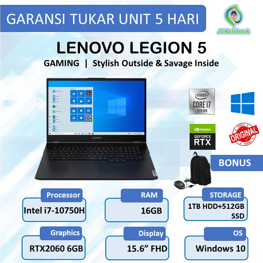 LENOVO LEGION 5 15 I7 10750H 16GB 1TB HDD+512SSD RTX2060 6GB W10 15.6FHD