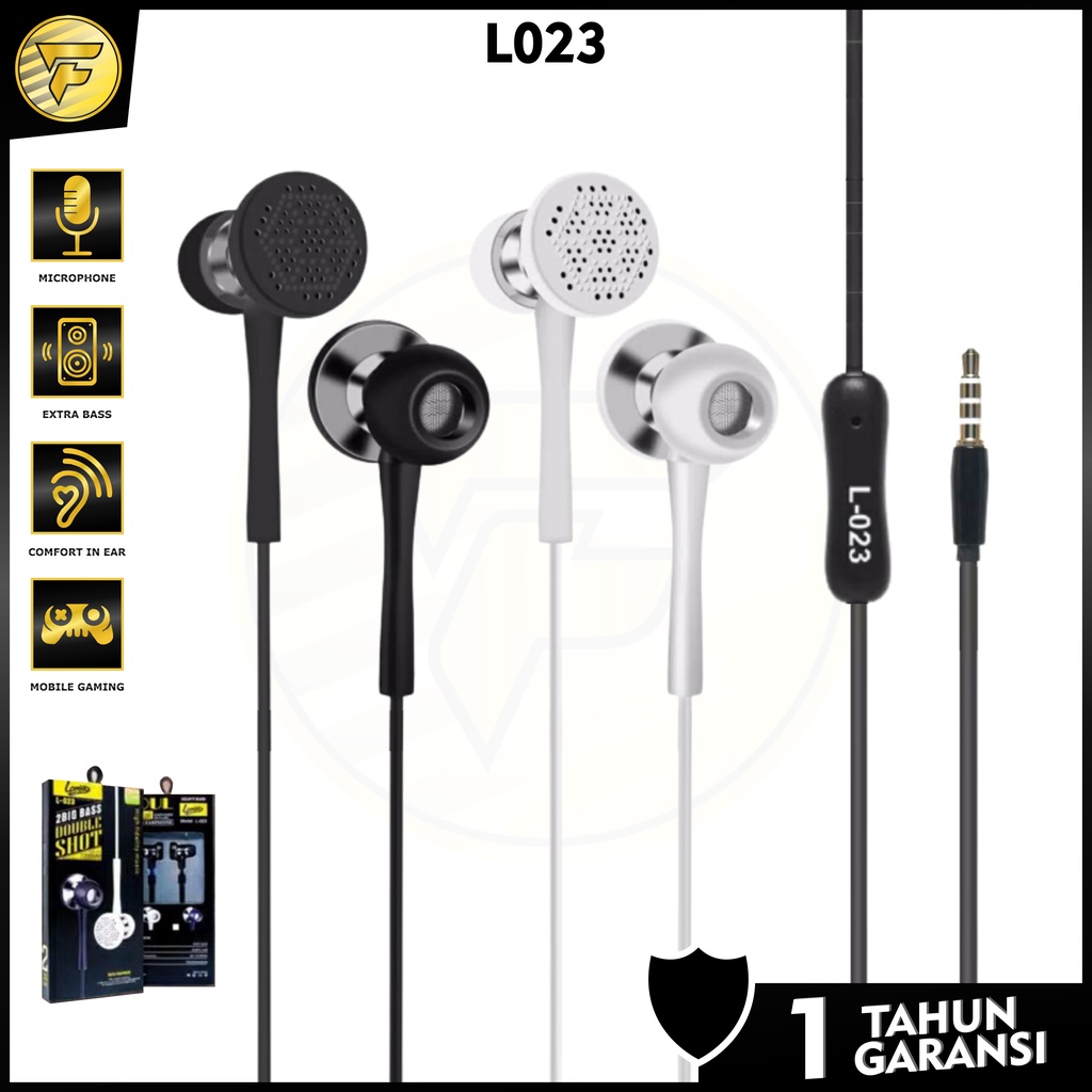 Earphone L23 original Double Shoot dua sisi stereo bass music telfon headset dengan mic original