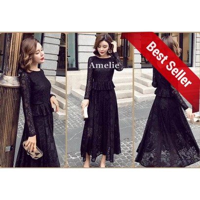 HOT Dress Import Long Gaun Pesta Lengan Lace Brukat Korea Black Red Merah Wanita Murah