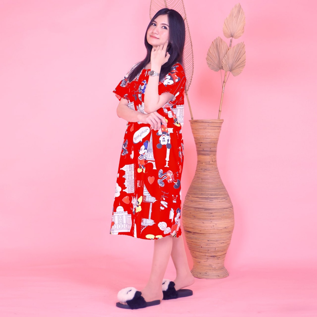 Daster JUMBO XXL Batik, Motif Acak / Campur, Leher Kancing Bumil Busui , Batik Warna-DJ Micky Mouse Red