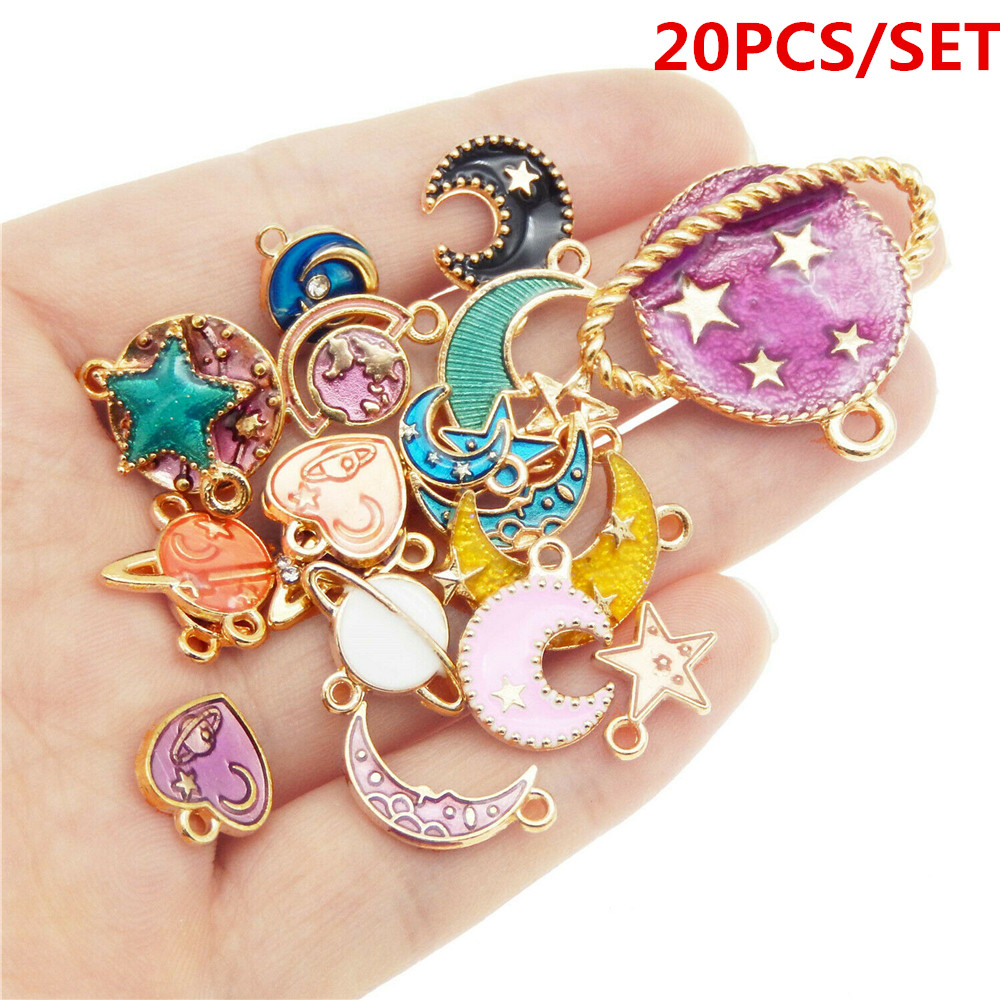 20PCS Enamel Charms Mixed Planet Star Crescent Moon Zinc Alloy Gold Tone Pendant Bracelet Jewelry Making