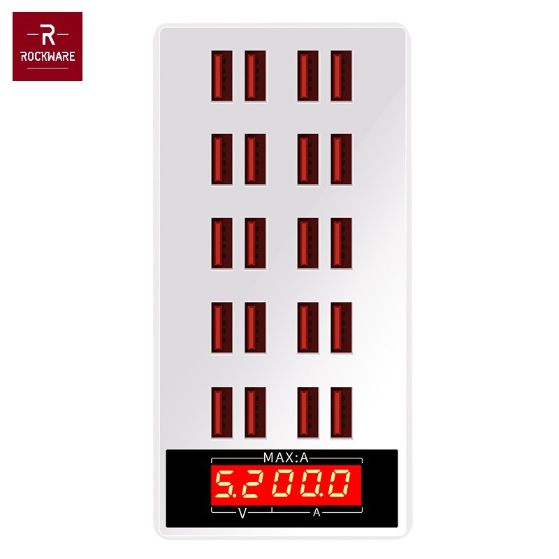 ROCKWARE 820 - Smart Charger 20 Ports USB with LED Display - 100W - Charger 20 USB Multiports