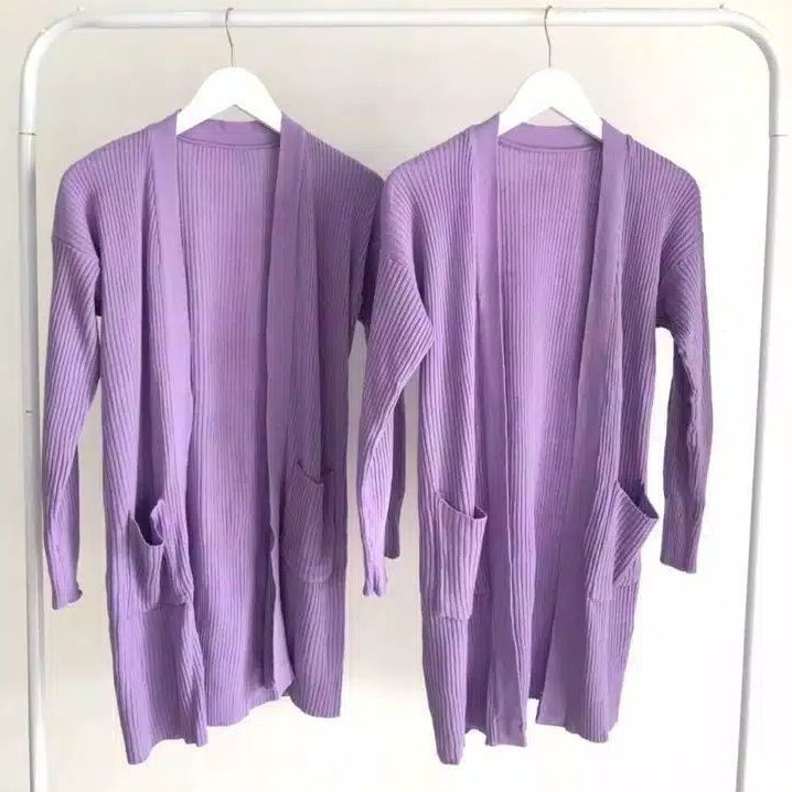 Cardigan Lilac Rajut Panjang Saku Dua