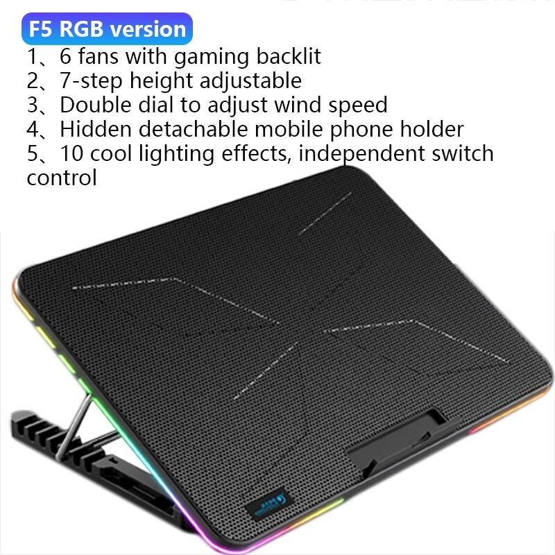 COOLCOLD Notebook Cooler Pad Laptop RGB Ultra Thin Radiator Cooling Base - F5 - Black