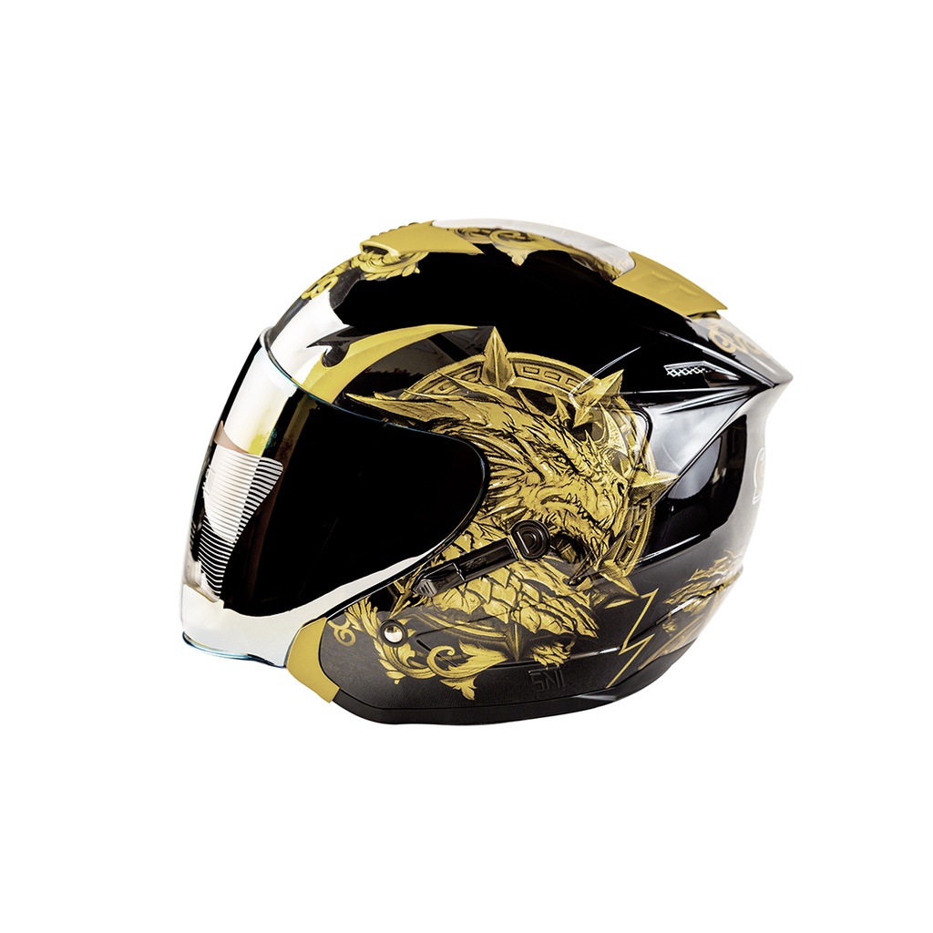 KM7 Helmet dragon black glossy gold SNI double visor half face premium