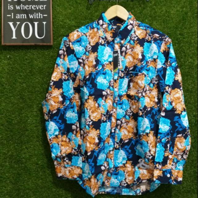 Kemeja Lengan Panjang Model Slim Fit Turndown Neck Motif Print Bunga Ada Ukuran Besar untuk Pria