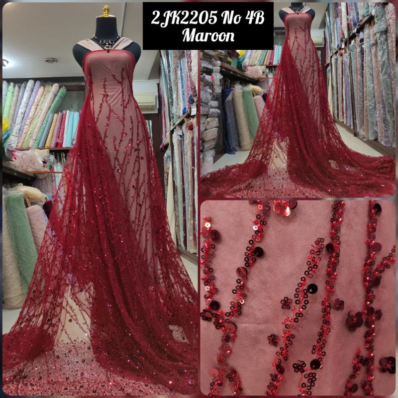 Kain Tile Brokat Payet Akar Penuh Zuhair Sequin 2JK2205 No 4B Maroon