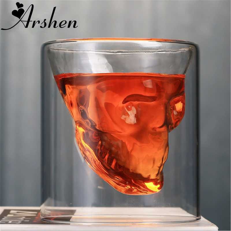 Gelas Mug Cangkir Wine Whiskey Double Wall Glass Scull Tengkotak 150ml