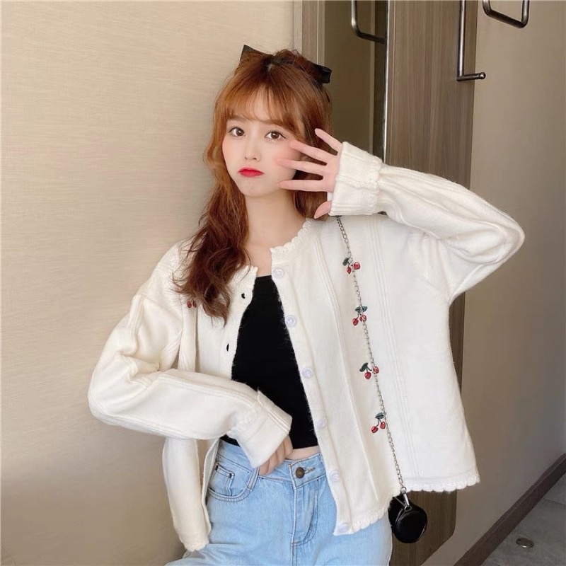 [ready stock] ailee cherry cardigan | atasan putih white simple sweater kardigan knit rajut oversized motif buah ceri gaya korea