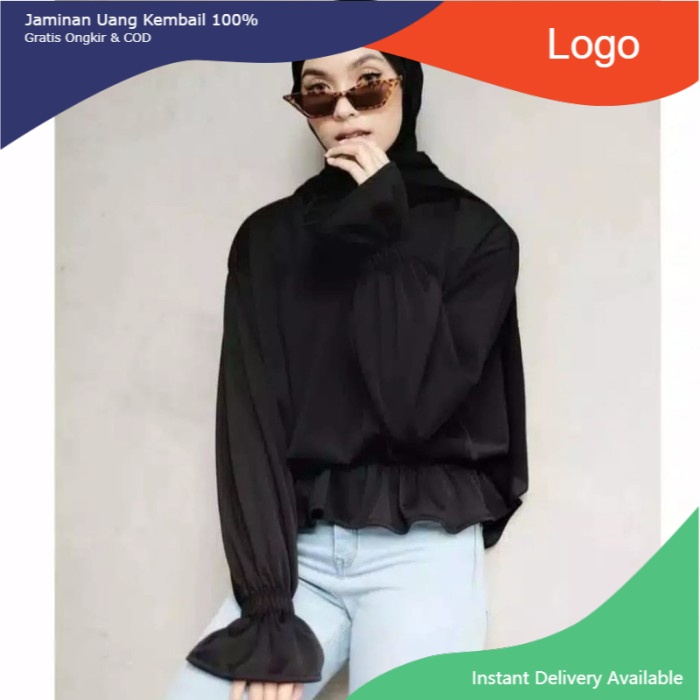 OUTFIT TERMURAH Simple Top Atasan Blouse Serut Casual Muslim Wanita - Hitam