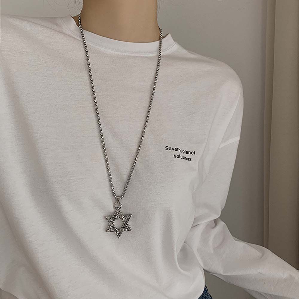 Needway  Vintage Men's Necklace Cold Locomotive Accessories Six-pointed Star Necklace Wind Male Geometric Personality Simple Hip Hop Fashion Jewelry/Multicolor