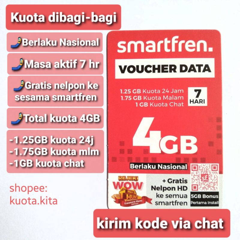 Voucher smartfren 4GB (kirim kode via chat) 4 GB vocher kuota data