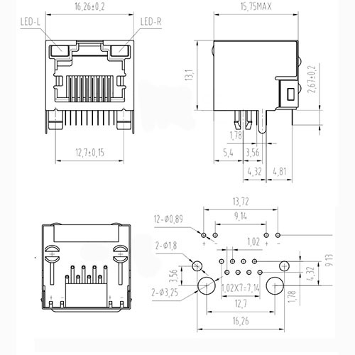 BA-103-1S2L Socket RJ45 Motherboard 1 Socket USB 2 Led 12 Kaki 8P8C