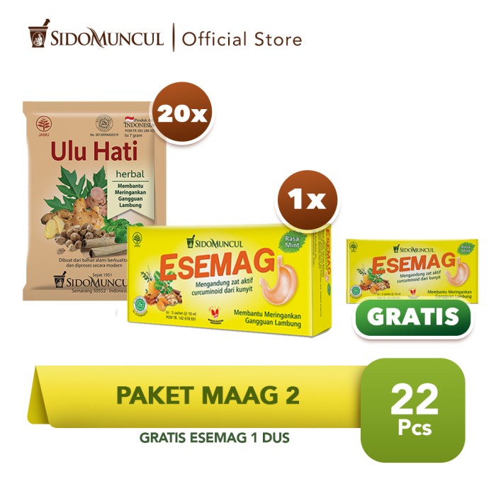 

Paket Maag 2 - Sido Muncul Jamu Ulu Hati + Buy 1 Get 1 Esemag 5's (BERKUALITAS)