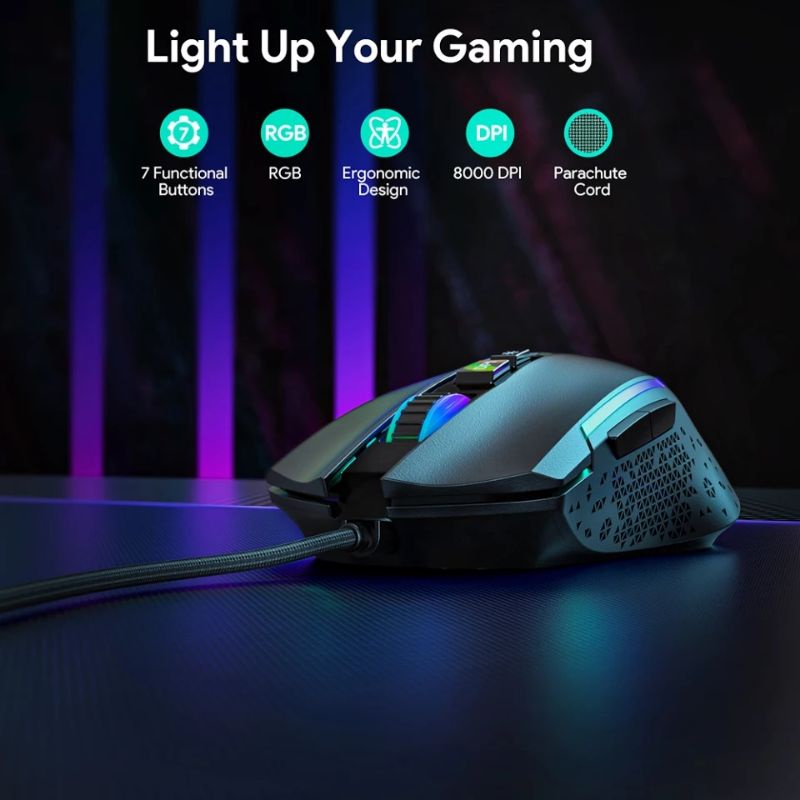 EKSA EM100 RGB Gaming Mouse Gamer USB Wired Gaming Mice 8000 DPI with 6 Color Backlight 7 Programmable Buttons for PC laptop