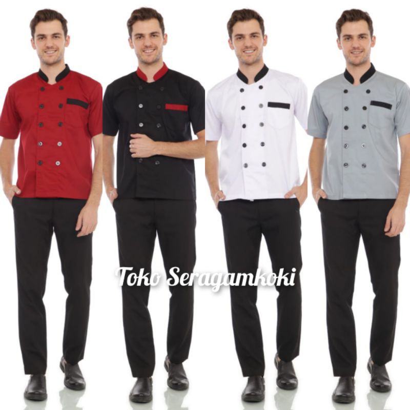 Baju chef baju koki lengan pendek kombinasi