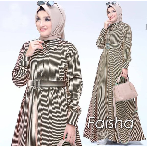 Pakaian Wanita f2lq gamis stripe faisha garis salur syari katun gaun pesta cokelat busui sale