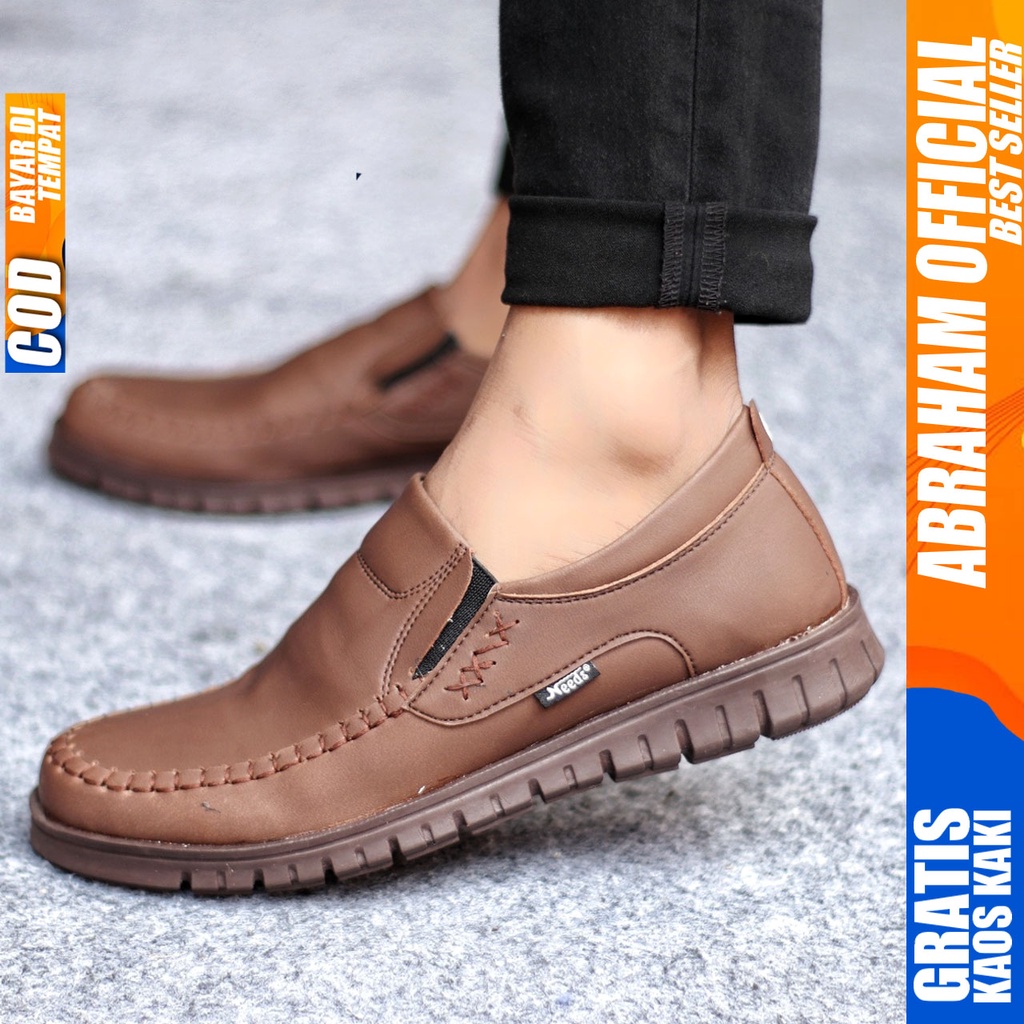 Sepatu Kasual Pria Casual Formal Slip On Kulit Pu Kerja Hitam Coklat BLENO ABRAHAM